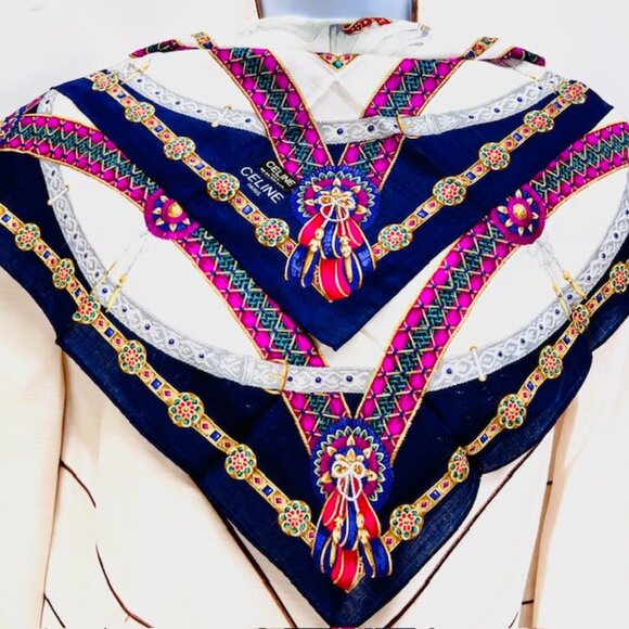 New Celine Paris Mini Scarf cotton/silk 20" beige blue horse bow logo (62) - Picture 2 of 10